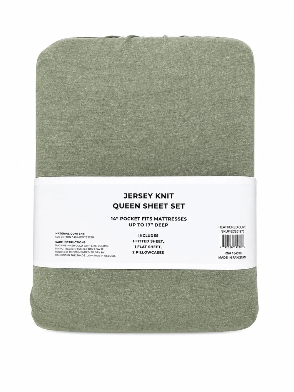 FreshFolds Queen Heathered Olive Jersey Knit 4 Piece Sheet Set